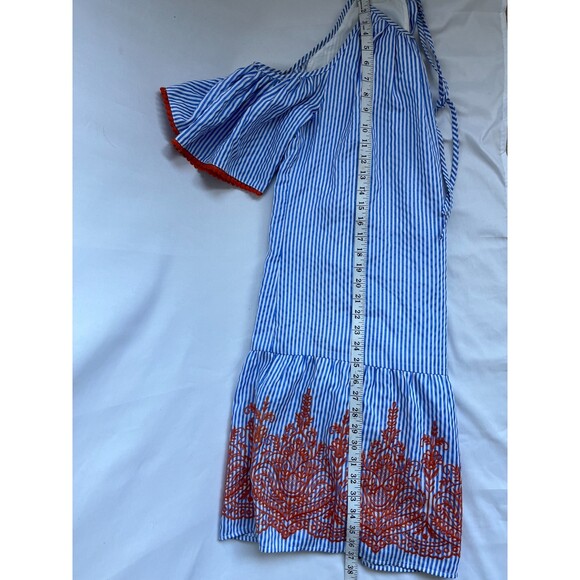 Maggy London Embroidered Striped Dress Size 10 Cold Shoulder Nautical Boho Cute - Picture 9 of 10
